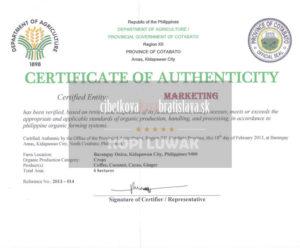 Certifikát Cibetková káva Bratislava